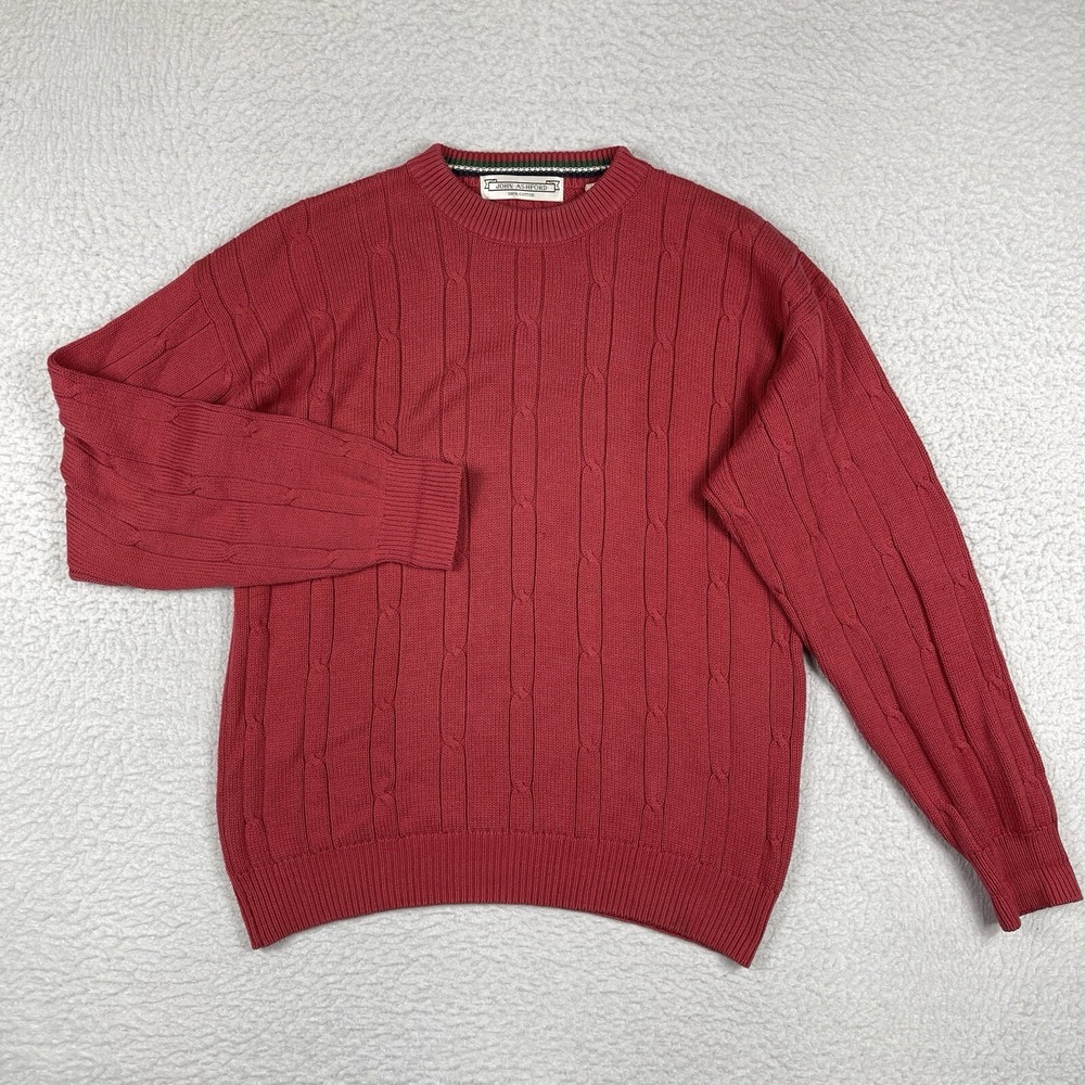 John Ashford‎ Sweater Mens Large Pink Cable Knit Crewneck Pullover Preppy Work